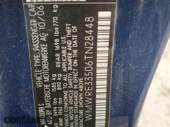 2006 MINI Hardtop S с VIN WMWRE33506TN28448, выставлен на аукционе Copart как лот 53439655 с пробегом 172 789 миль миль и Чистый • Clean title. История ставок и продаж доступна на DreamBid. Изображение 12.