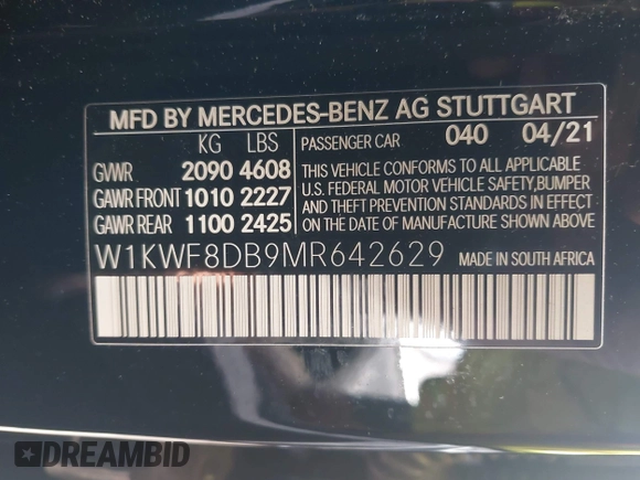 2021 Mercedes-Benz C 300 с VIN W1KWF8DB9MR642629, выставлен на аукционе IAAI как лот 42546566 с пробегом 16 002 миль миль и . История ставок и продаж доступна на DreamBid. Изображение 9.