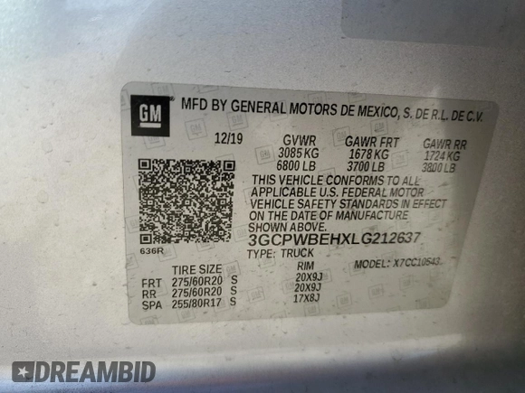 2020 Chevrolet Silverado 1500 Custom with VIN 3GCPWBEHXLG212637, listed as a Copart auction lot 42171255 with 105,055 mi miles and Salvage Title. Bid and sale history available at carsss.com. Image 15.