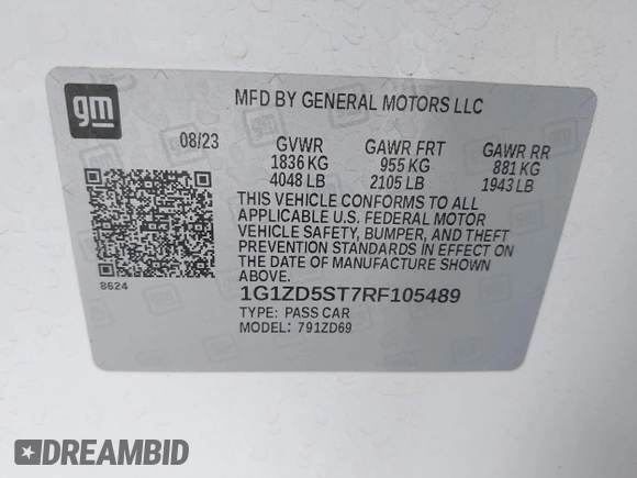 2024 Chevrolet Malibu LT with VIN 1G1ZD5ST7RF105489, listed as a IAAI auction lot 42208886 with 45,694 mi miles and . Bid and sale history available at DreamBid. Image 9.