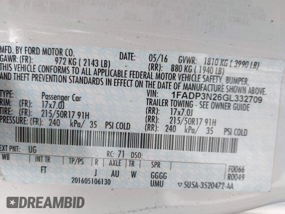 2016 Ford Focus Titanium with VIN 1FADP3N26GL332709, listed as a IAAI auction lot 42458997 with 75,509 mi miles and . Bid and sale history available at DreamBid. Image 9.