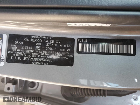 2024 Kia Forte LXS with VIN 3KPF24AD8RE840495, listed as a Copart auction lot 44792045 with 10,114 mi miles and Salvage Title. Bid and sale history available at carsss.com. Image 13.