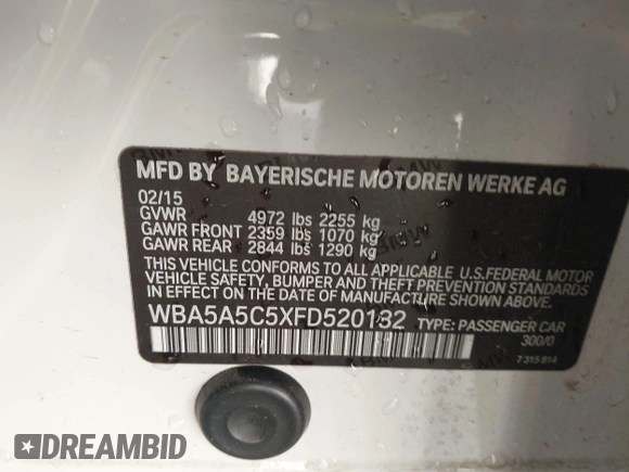 2015 BMW 5 Series 528i with VIN WBA5A5C5XFD520132, listed as a IAAI auction lot 41433751 with 76,576 mi miles and . Bid and sale history available at DreamBid. Image 9.