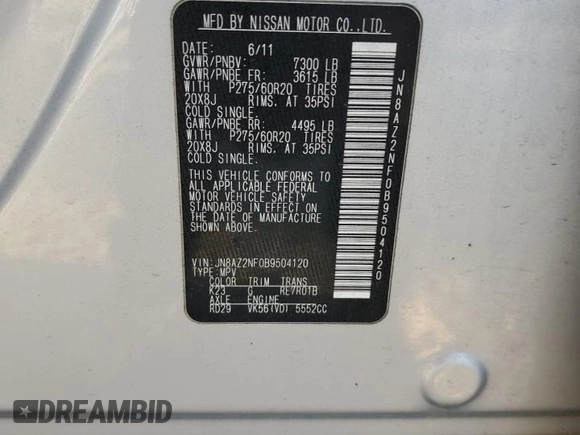 2011 Infiniti QX56 7-passenger with VIN JN8AZ2NF0B9504120, listed as a Copart auction lot 65983434 with 200,645 mi miles and Clean Title. Bid and sale history available at carsss.com. Image 15.
