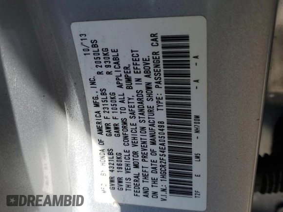 2014 Honda Accord Sport with VIN 1HGCR2F54EA050498, listed as a Copart auction lot 53461485 with 171,200 mi miles and Salvage Title. Bid and sale history available at DreamBid. Image 13.