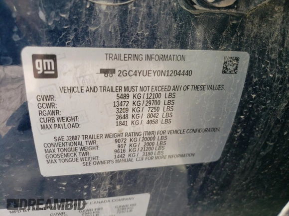2022 Chevrolet Silverado 3500HD LTZ with VIN 2GC4YUEY0N1204440, listed as a Copart auction lot 79174864 with 27,414 mi miles and Salvage Title. Bid and sale history available at DreamBid. Image 12.