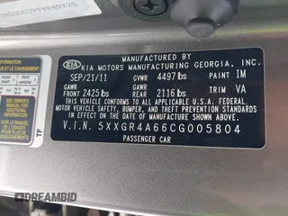 2012 Kia Optima SX with VIN 5XXGR4A66CG005804, listed as a IAAI auction lot 41499342 with 115,808 mi miles and . Bid and sale history available at carsss.com. Image 9.