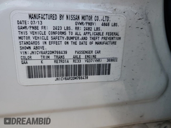 2013 Infiniti G37 x with VIN JN1CV6AR2DM766439, listed as a Copart auction lot 46060045 with 136,844 mi miles and Salvage Title. Bid and sale history available at DreamBid. Image 13.
