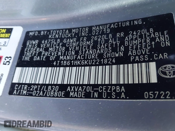 2019 Toyota Camry XSE with VIN 4T1B61HK6KU221824, listed as a IAAI auction lot 41289674 with 118,827 mi miles. Bid and sale history available at carsss.com. Image 9.