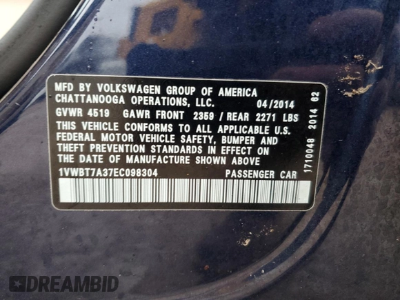2014 Volkswagen Passat SE with VIN 1VWBT7A37EC098304, listed as a Copart auction lot 47941165 with 139,759 mi miles and Salvage title. Bid and sale history available at DreamBid. Image 14.