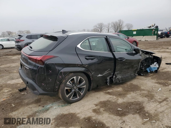 2025 Lexus UX with VIN JTHUCJDH5S2003058, listed as a Copart auction lot 43457505 with 1,239 mi miles and Salvage Title. Bid and sale history available at carsss.com. Image 3.