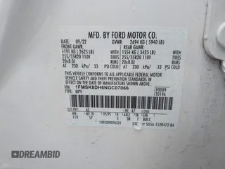 2022 Ford Explorer XLT with VIN 1FMSK8DH6NGC07066, listed as a IAAI auction lot 41856343 with 31,711 mi miles and . Bid and sale history available at DreamBid. Image 9.