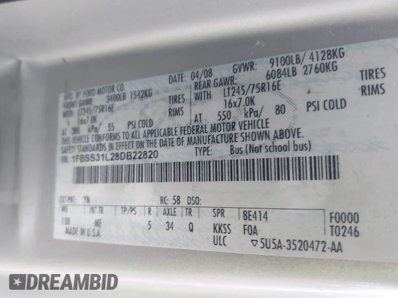 2008 Ford Econoline Passenger XL with VIN 1FBSS31L28DB22820, listed as a IAAI auction lot 41475036 with 91,000 mi miles and . Bid and sale history available at DreamBid. Image 9.