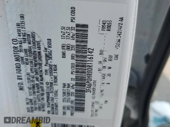 2013 Ford Fusion SE с VIN 3FA6P0HR0DR116142, выставлен на аукционе Copart как лот 59493755 с пробегом 121 705 миль миль и Списание • Salvage title. История ставок и продаж доступна на DreamBid. Изображение 13.