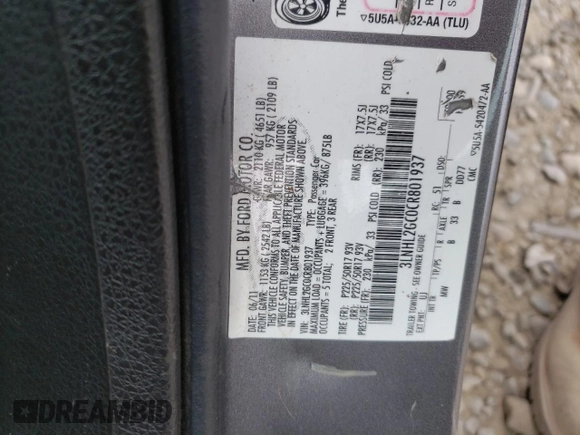 2012 Lincoln MKZ with VIN 3LNHL2GC0CR801937, listed as a Copart auction lot 54798685 with 133,058 mi miles and Clean title. Bid and sale history available at DreamBid. Image 12.