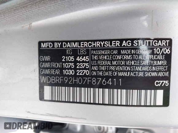 2007 Mercedes-Benz C 280 Luxury with VIN WDBRF92H07F876411, listed as a IAAI auction lot 41942611 with 250,976 mi miles and . Bid and sale history available at DreamBid. Image 9.