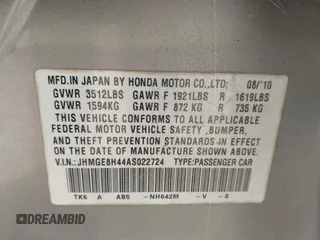 2010 Honda Fit Sport with VIN JHMGE8H44AS022724, listed as a IAAI auction lot 41835556 with 97,165 mi miles. Bid and sale history available at carsss.com. Image 9.