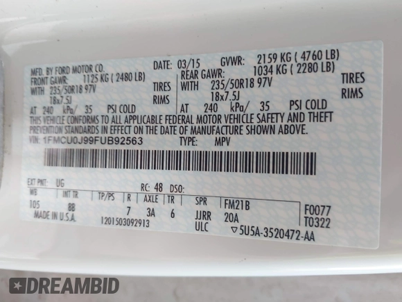 2015 Ford Escape Titanium with VIN 1FMCU0J99FUB92563, listed as a IAAI auction lot 42649556 with 183,199 mi miles and . Bid and sale history available at DreamBid. Image 9.