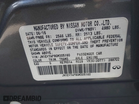 2016 Infiniti Q50 Premium with VIN JN1EV7AP9GM305160, listed as a IAAI auction lot 41906188 with 92,171 mi miles and . Bid and sale history available at DreamBid. Image 9.