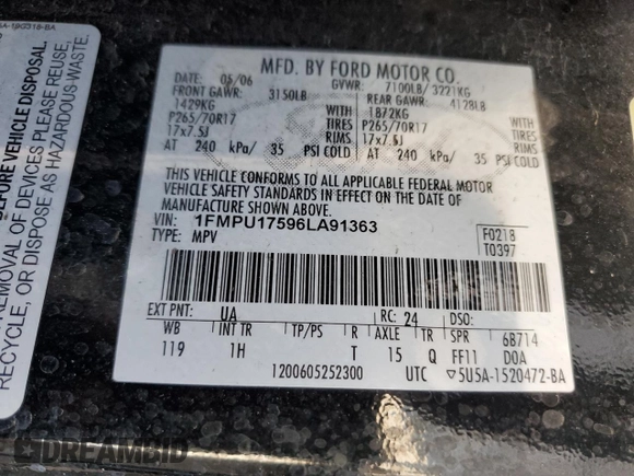 2006 Ford Expedition Eddie Bauer with VIN 1FMPU17596LA91363, listed as a Copart auction lot 55474755 with 127,201 mi miles and Salvage title. Bid and sale history available at DreamBid. Image 13.