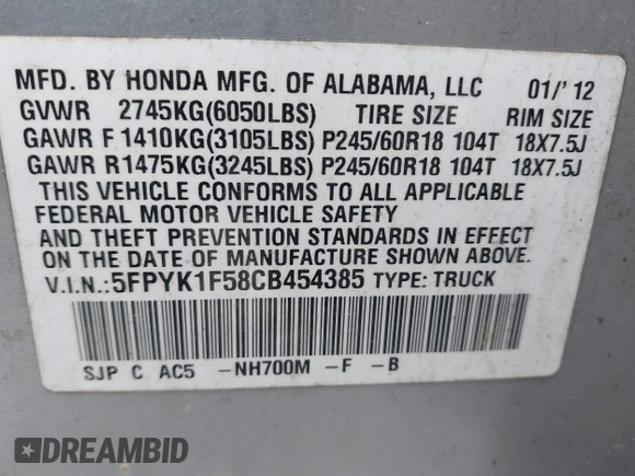 2012 Honda Ridgeline RTL with VIN 5FPYK1F58CB454385, listed as a IAAI auction lot 42212805 with 207,874 mi miles and . Bid and sale history available at DreamBid. Image 9.