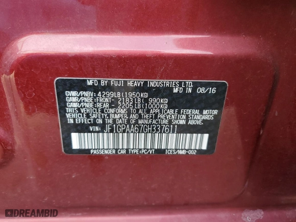 2016 Subaru Impreza Wagon 2.0i with VIN JF1GPAA67GH337611, listed as a Copart auction lot 47320095 with 76,988 mi miles and Salvage Title. Bid and sale history available at carsss.com. Image 14.
