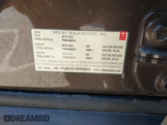 2014 Tesla Model S 60 with VIN 5YJSA1H17EFP33275, listed as a IAAI auction lot 41778167 with 202,749 mi miles and . Bid and sale history available at DreamBid. Image 9.