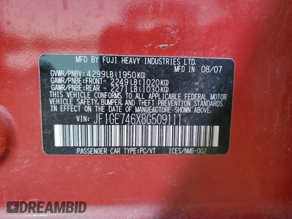 2008 Subaru Impreza WRX с VIN JF1GE746X8G509111, выставлен на аукционе Copart как лот 54455355 с пробегом 118 475 миль миль и Чистый • Clean title. История ставок и продаж доступна на DreamBid. Изображение 12.