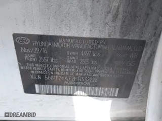 2017 Hyundai Sonata SE with VIN 5NPE24AF2HH532228, listed as a IAAI auction lot 41141647 with 240,024 mi miles. Bid and sale history available at carsss.com. Image 9.