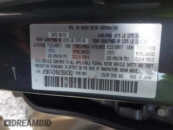 2019 Mazda CX-5 Touring with VIN JM3KFACM8K0694362, listed as a IAAI auction lot 41410185 with 89,443 mi miles. Bid and sale history available at carsss.com. Image 9.