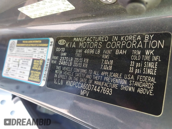 2013 Kia Sportage SX with VIN KNDPCCA60D7447693, listed as a IAAI auction lot 42025038 with Not Provided miles and . Bid and sale history available at carsss.com. Image 9.
