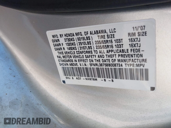 2008 Honda Odyssey EX-L with VIN 5FNRL38758B008724, listed as a IAAI auction lot 42202383 with 199,977 mi miles and . Bid and sale history available at DreamBid. Image 9.