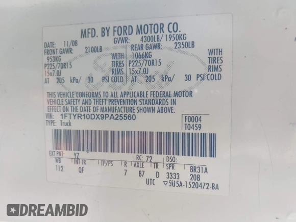 2009 Ford Ranger XL z VIN 1FTYR10DX9PA25560, wystawiony jako IAAI lot #41239225 z przebiegiem 262 920 mil mil oraz . Historia ofert i sprzedaży dostępna na DreamBid. Obrazek 9.