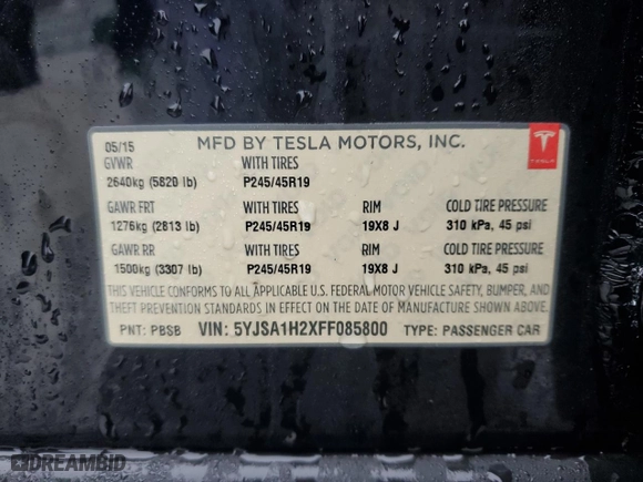 2015 Tesla Model S 85D with VIN 5YJSA1H2XFF085800, listed as a Copart auction lot 44189605 with 177226 miles and Salvage Title. Bid and sale history available at carsss.com. Image 12.