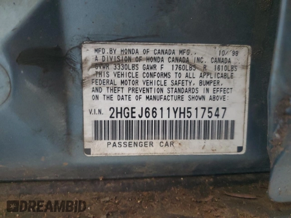 2000 Honda Civic VP z VIN 2HGEJ6611YH517547, wystawiony jako Copart lot #48056345 z przebiegiem 192 274 mil mil oraz Szkoda całkowita • Salvage title. Historia ofert i sprzedaży dostępna na DreamBid. Obrazek 12.