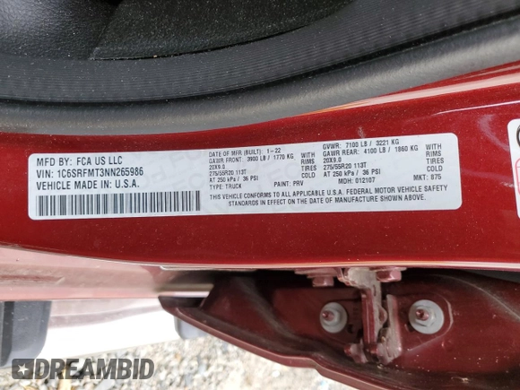 2022 Ram 1500 Big Horn with VIN 1C6SRFMT3NN265986, listed as a Copart auction lot 83177674 with 27,077 mi miles and Salvage title. Bid and sale history available at DreamBid. Image 14.