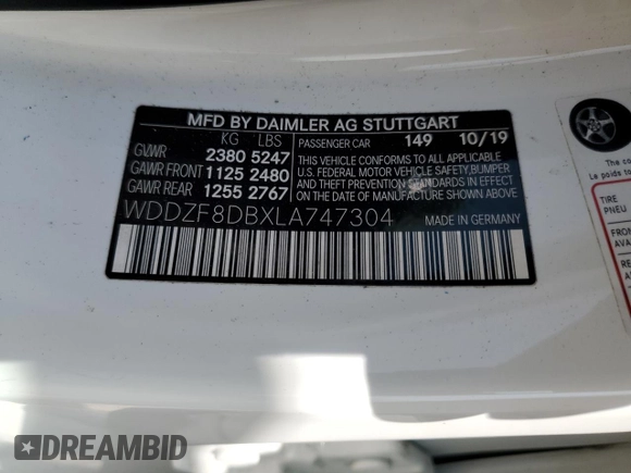 2020 Mercedes-Benz E-Class E 350 with VIN WDDZF8DBXLA747304, listed as a Copart auction lot 44607655 with 52,812 mi miles and Salvage Title. Bid and sale history available at carsss.com. Image 12.