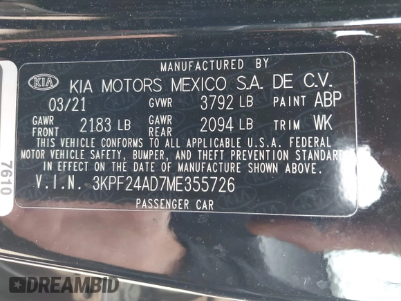 2021 Kia Forte LXS with VIN 3KPF24AD7ME355726, listed as a IAAI auction lot 42286878 with 106,297 mi miles and . Bid and sale history available at DreamBid. Image 9.