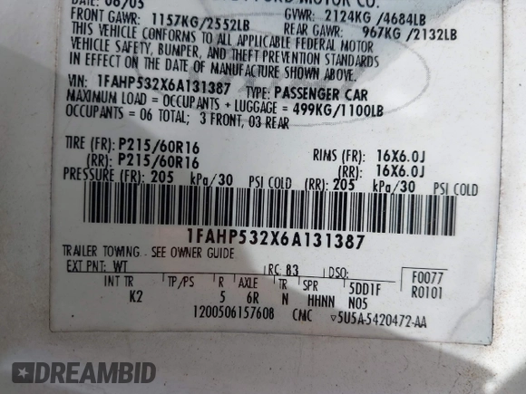 2006 Ford Taurus SE with VIN 1FAHP532X6A131387, listed as a IAAI auction lot 42336717 with Not provided miles and . Bid and sale history available at DreamBid. Image 9.