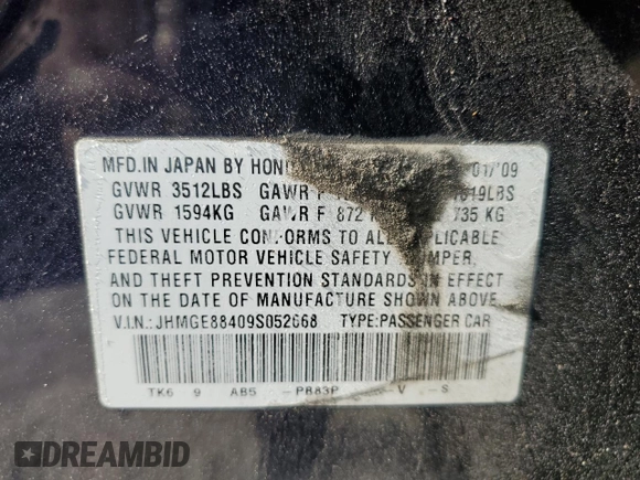 2009 Honda Fit Sport z VIN JHMGE88409S052668, wystawiony jako Copart lot #56142275 z przebiegiem 118 445 mil mil oraz Szkoda całkowita • Salvage title. Historia ofert i sprzedaży dostępna na DreamBid. Obrazek 12.