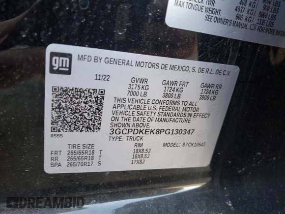 2023 Chevrolet Silverado 1500 LT with VIN 3GCPDKEK8PG130347, listed as a Copart auction lot 81558274 with 0 mi miles and Salvage Title. Bid and sale history available at carsss.com. Image 12.