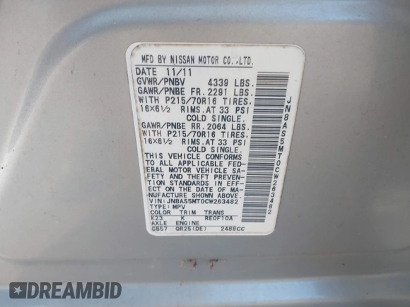 2012 Nissan Rogue SL with VIN JN8AS5MT0CW263482, listed as a IAAI auction lot 42146958 with 156,355 mi miles and . Bid and sale history available at DreamBid. Image 9.