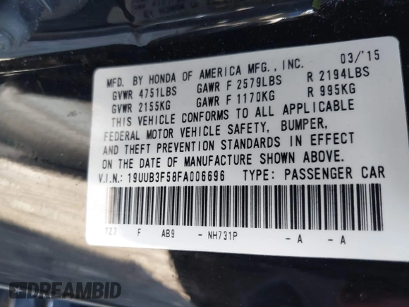 2015 Acura TLX Technology with VIN 19UUB3F58FA006696, listed as a IAAI auction lot 41697207 with 114,725 mi miles and . Bid and sale history available at DreamBid. Image 9.