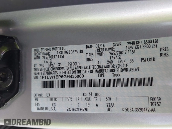 2016 Ford F-150 XLT with VIN 1FTEW1EP6GFB35880, listed as a IAAI auction lot 41655537 with 110,645 mi miles. Bid and sale history available at carsss.com. Image 9.
