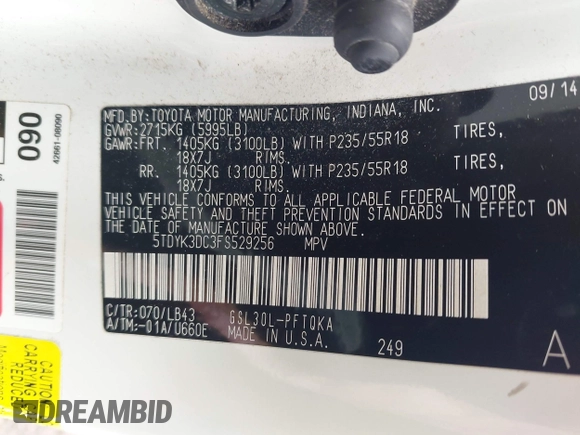 2015 Toyota Sienna XLE with VIN 5TDYK3DC3FS529256, listed as a IAAI auction lot 42172570 with 163,725 mi miles and . Bid and sale history available at carsss.com. Image 9.
