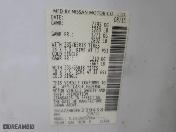 2015 Nissan Murano SV with VIN 5N1AZ2MH6FN259458, listed as a Copart auction lot 42561365 with 87,611 mi miles and Salvage Title. Bid and sale history available at carsss.com. Image 13.