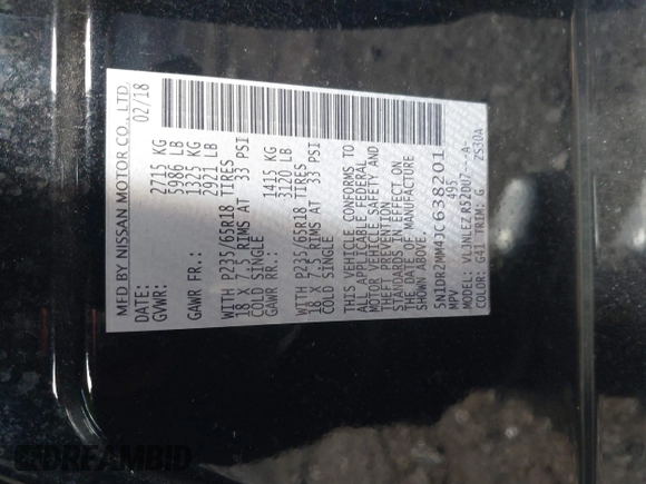 2018 Nissan Pathfinder SV z VIN 5N1DR2MM4JC638201, wystawiony jako IAAI lot #41146126 z przebiegiem 68 155 mil mil oraz . Historia ofert i sprzedaży dostępna na DreamBid. Obrazek 9.
