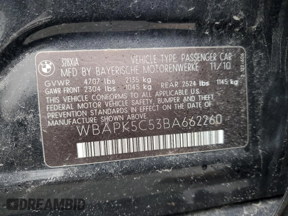 2011 BMW 3 Series 328i xDrive with VIN WBAPK5C53BA662260, listed as a Copart auction lot 45504515 with 132,601 mi miles and Salvage Title. Bid and sale history available at carsss.com. Image 12.