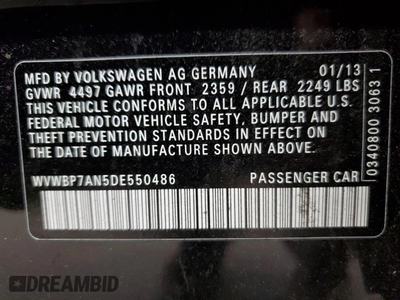 2013 Volkswagen CC Sport with VIN WVWBP7AN5DE550486, listed as a Copart auction lot 55075185 with 97,278 mi miles and Clean Title. Bid and sale history available at carsss.com. Image 12.
