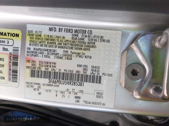 2017 Ford Fusion Hybrid SE с VIN 3FA6P0LU5HR285381, выставлен на аукционе IAAI как лот 42597789 с пробегом 129 662 миль миль и . История ставок и продаж доступна на DreamBid. Изображение 9.